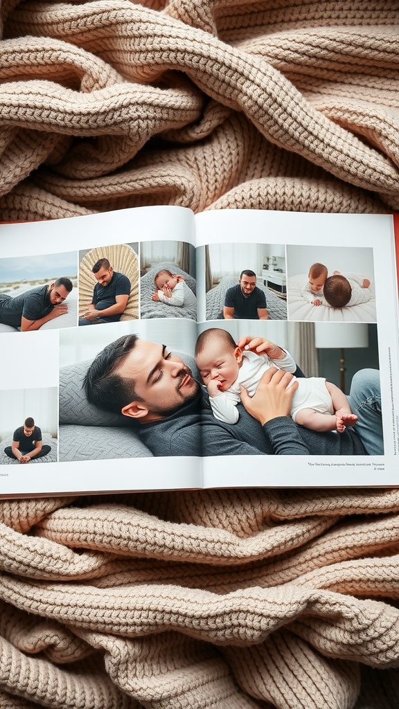 An open photo album laying on a cozy, knitted beige blanket, featuring pictures of a man bonding with a baby in various poses and settings.