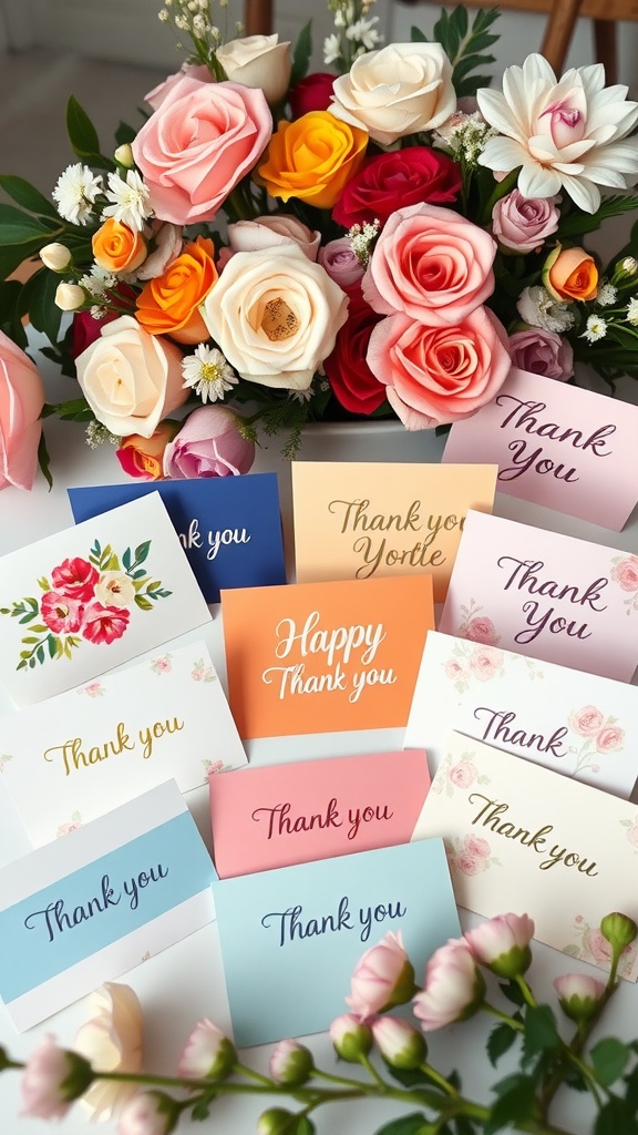 A collection of colorful thank you cards arranged around a beautiful flower bouquet.