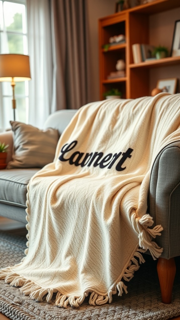 A cozy customized blanket draped over a sofa with a name embroidered on it.