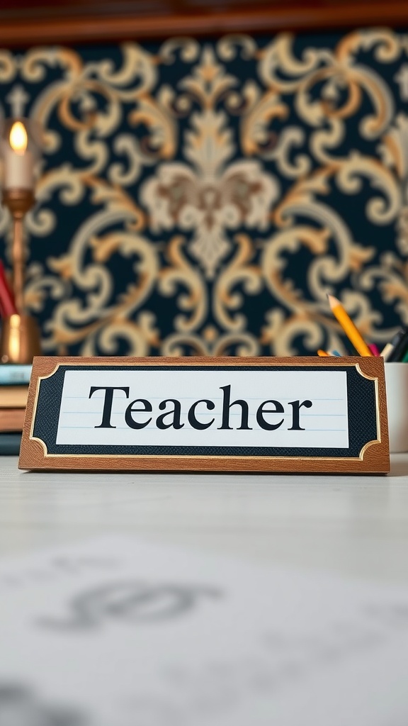 A customized desk name plate that says 'Teacher' on a stylish background.