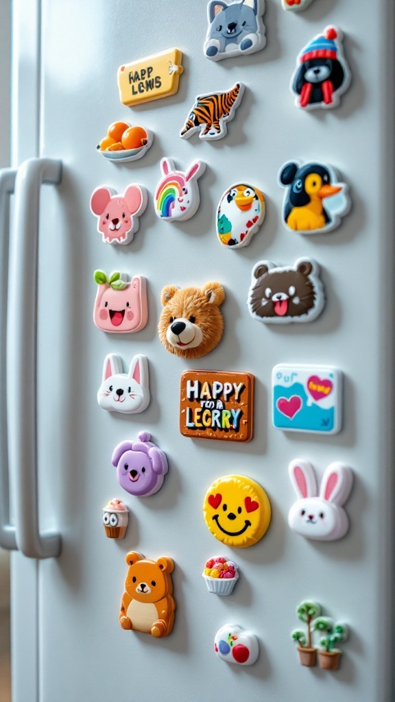 A collection of colorful and cute fridge magnets on a refrigerator.