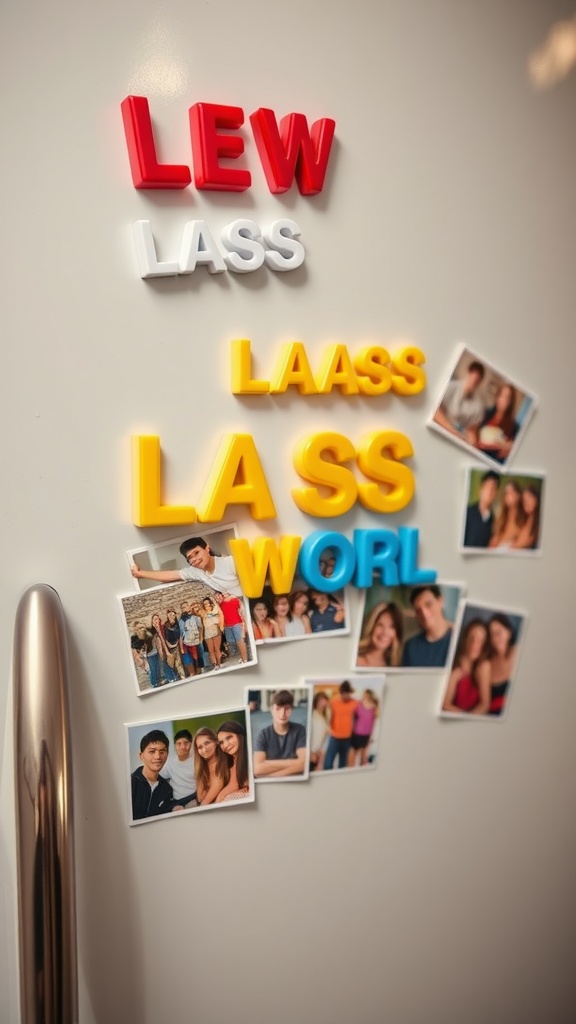 Fridge magnets with class photos and colorful letters