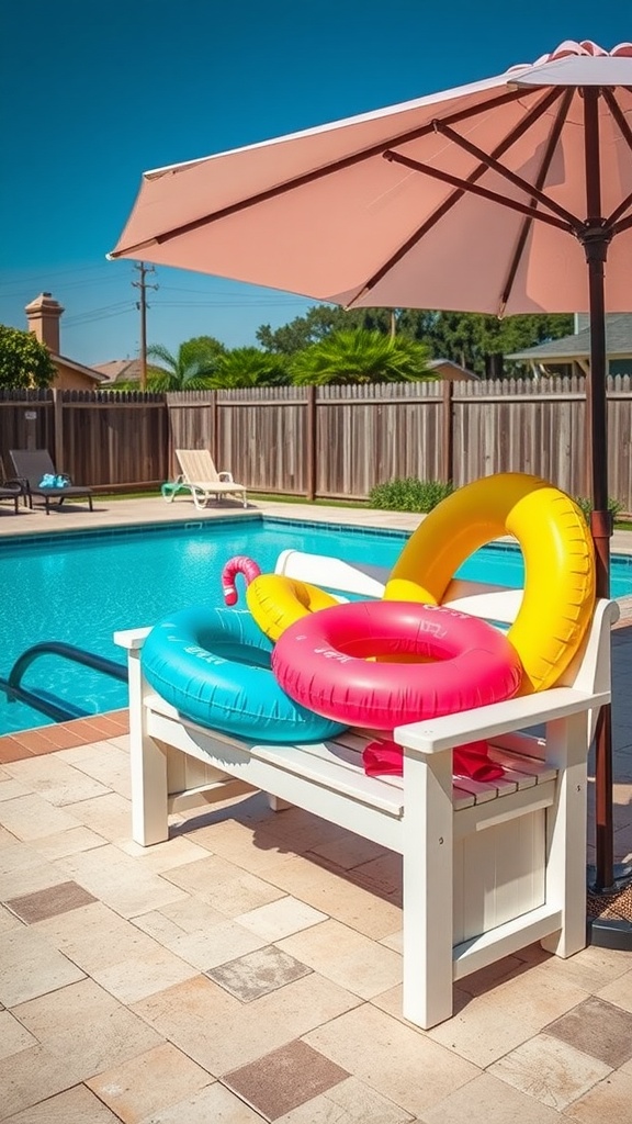 Three colorful inflatable pool rings, including pink, yellow, and blue ones, are placed on a white wooden bench under a large patio umbrella beside a swimming pool.