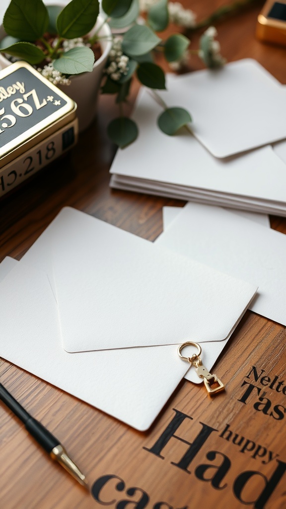 A collection of customized stationery with envelopes and a pen, placed on a wooden table.