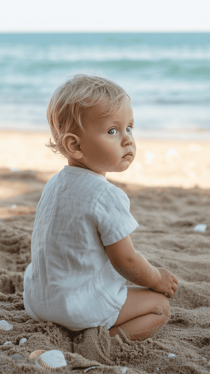 A toddler with blonde hair and blue eyes sitting on sandy beach facing the sea, wearing a white outfit and looking over their shoulder.
