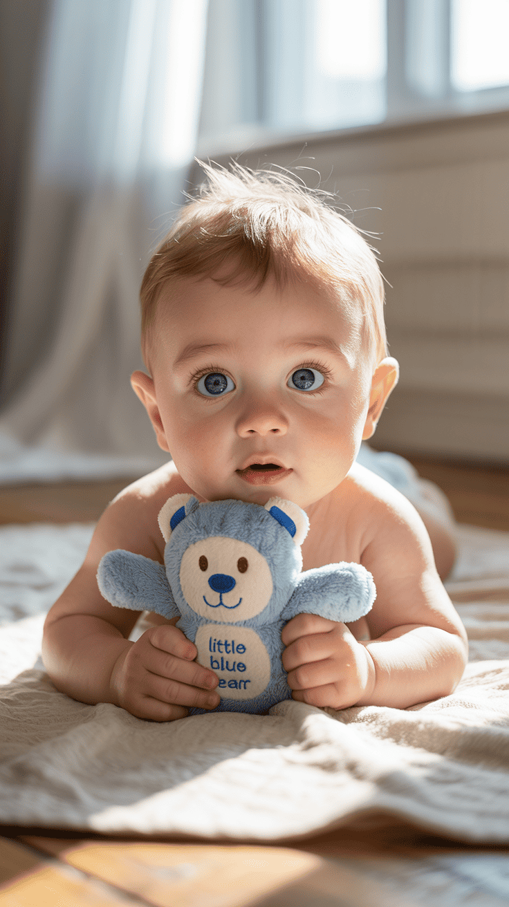 A baby with blue eyes lies on a blanket holding a blue stuffed bear with the words 'little blue bear' on it.