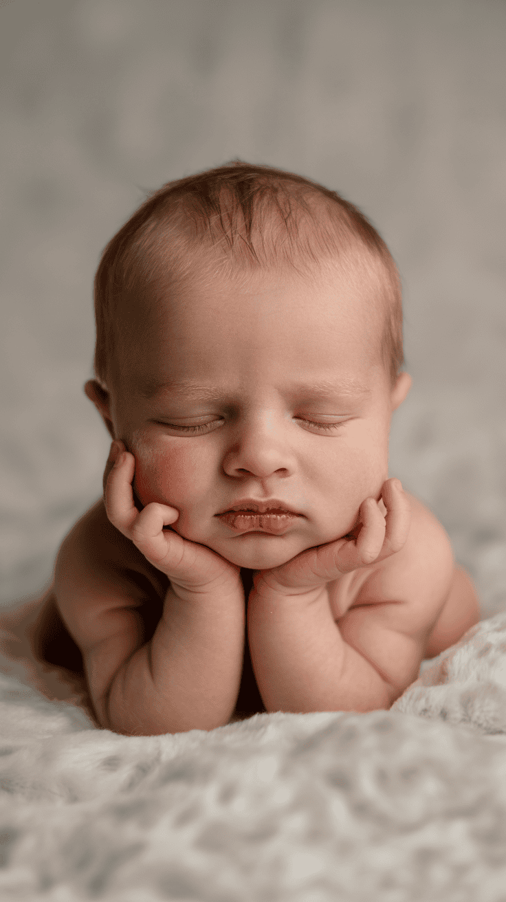 A sleeping baby with hands resting on cheeks, lying on a soft, fluffy surface.