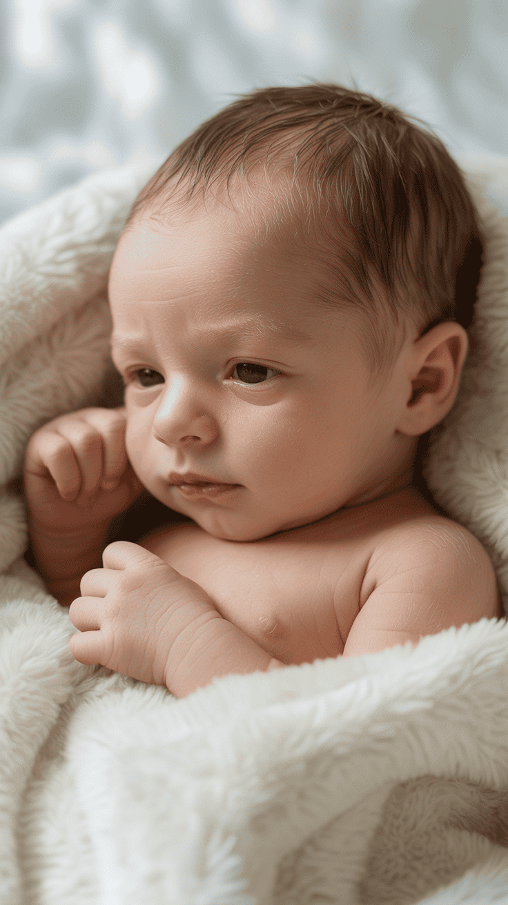 Close-up of a newborn baby wrapped in a soft, light-colored blanket, looking slightly to the side with a thoughtful expression.