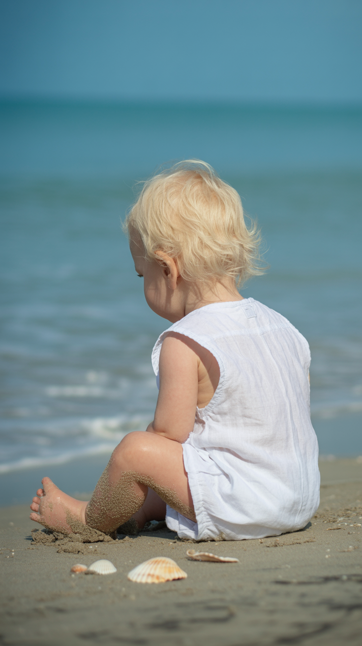 A young child with blonde hair wearing a white outfit sits on the sandy beach near the ocean, surrounded by seashells, with sand on their legs and feet.