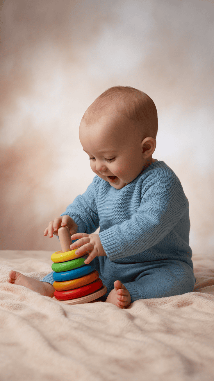A baby in a blue outfit is playing with a colorful ring stack toy, sitting on a soft beige blanket against a blurred background.