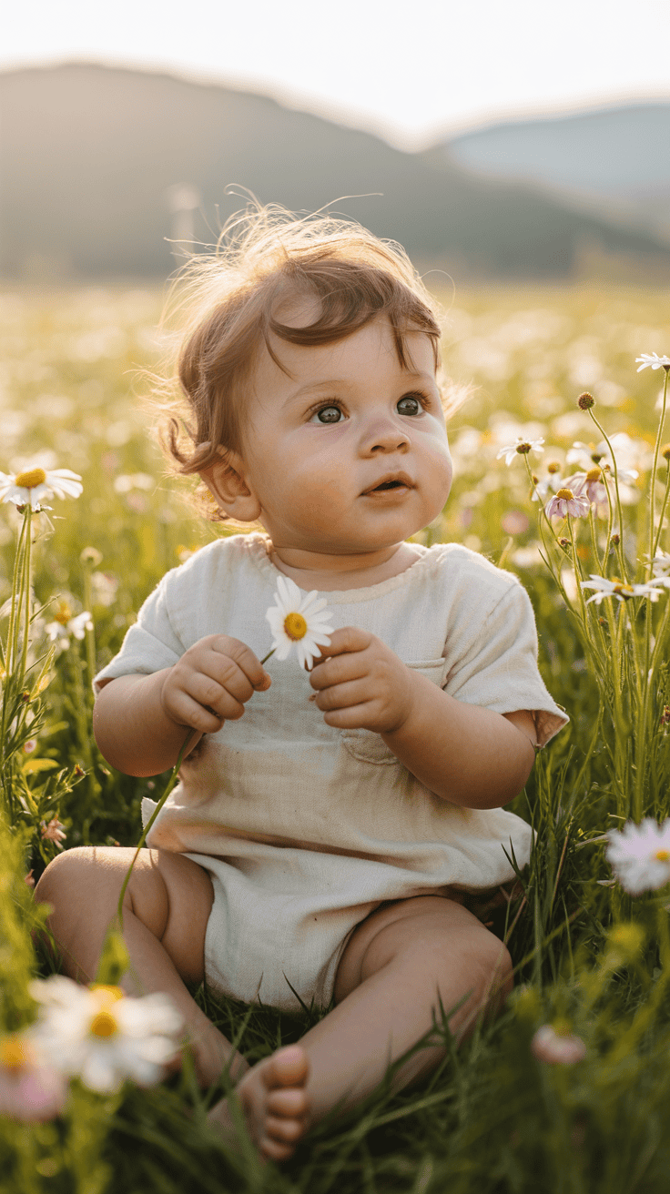 A baby sitting in a field of daisies, holding a flower, with soft sunlight illuminating the scene and mountains in the background.