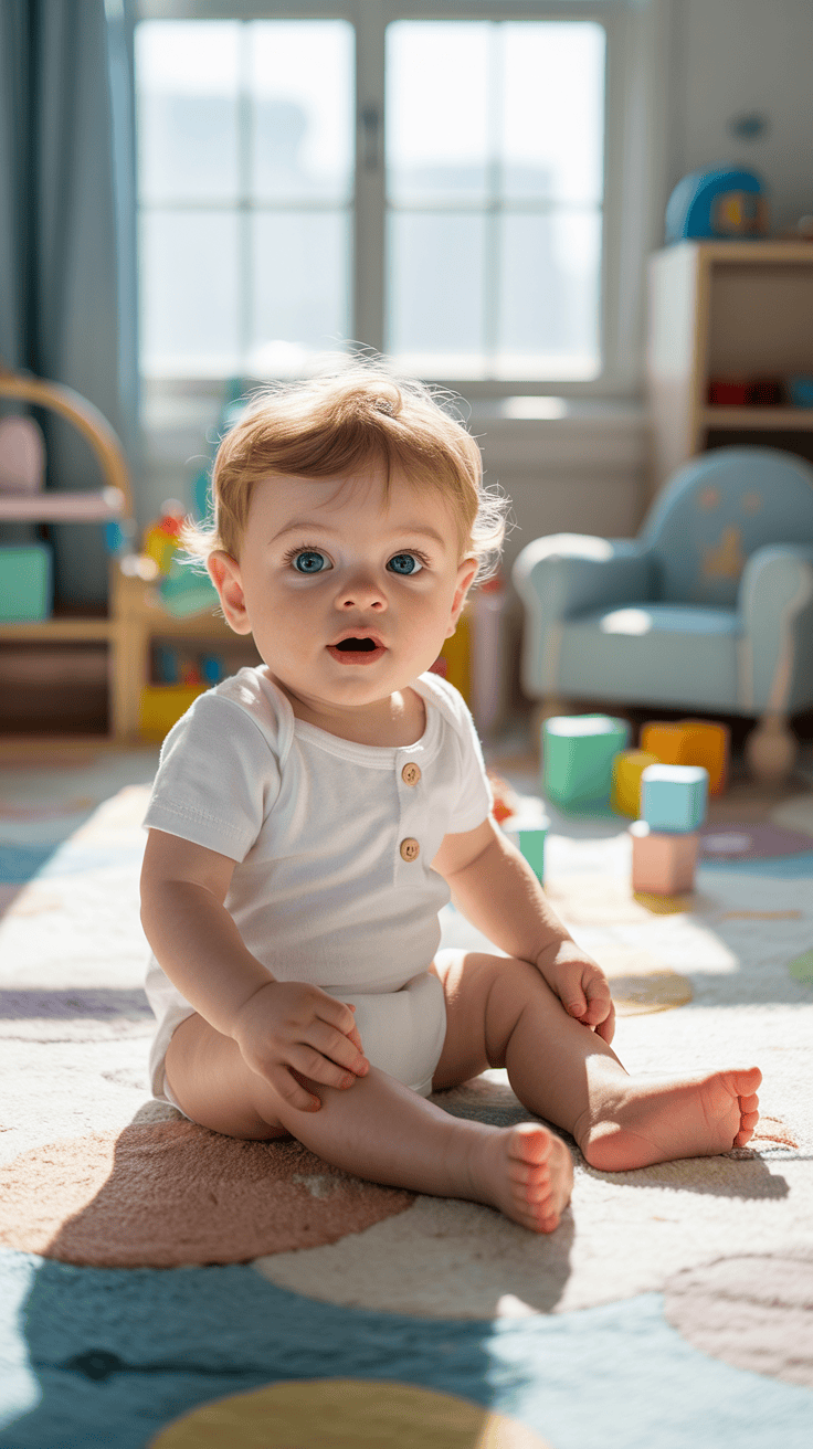 A baby with blue eyes and light hair is sitting on a colorful rug in a sunlit room, surrounded by toys and furniture.