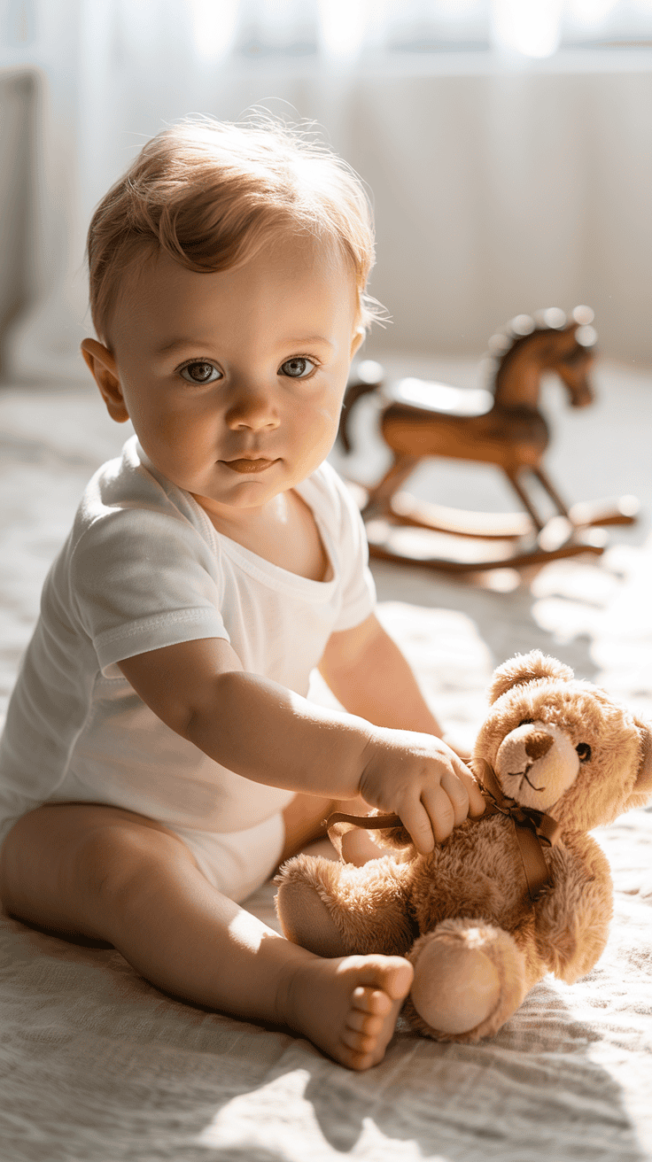 A baby in a white onesie sitting on the floor holding a teddy bear, with a wooden rocking horse in the background.