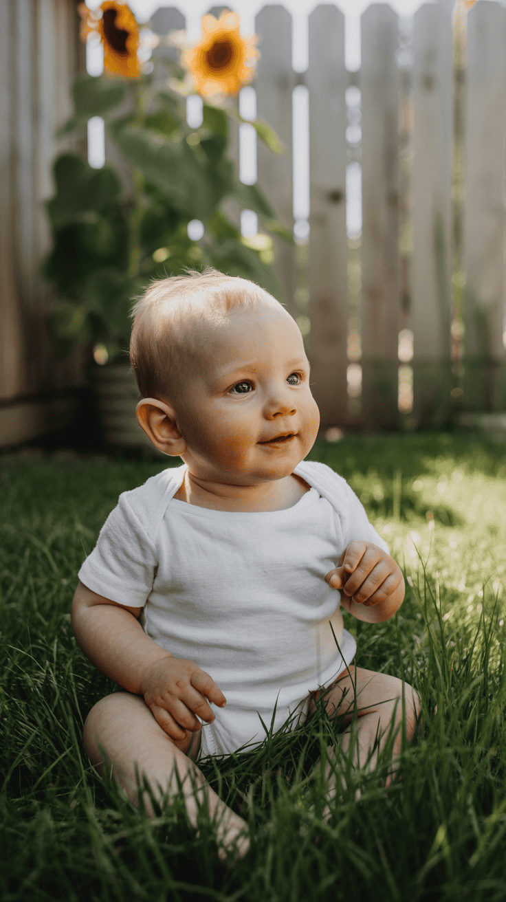 A baby in a white onesie sits on green grass with sunflowers and a wooden fence in the background.