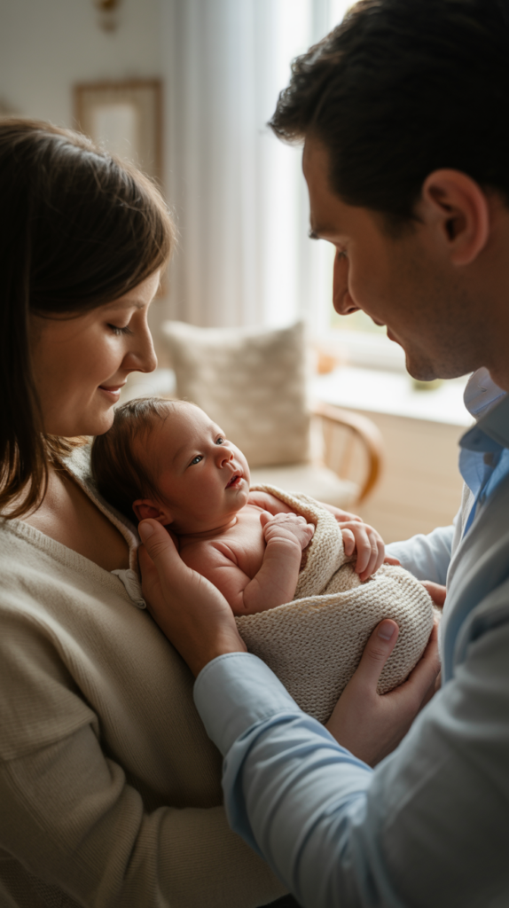 A couple gently holding their newborn baby wrapped in a knitted blanket, gazing lovingly at the child in a softly lit home setting.