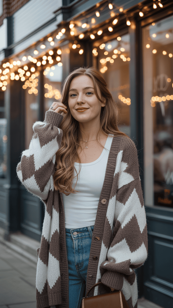 Young woman in a cozy brown and white zigzag patterned cardigan stands outdoors, smiling in front of a building decorated with string lights.