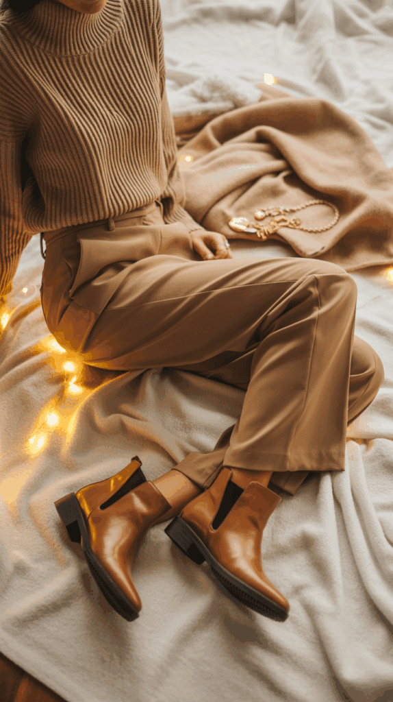 A person sitting on a bed wearing a beige ribbed sweater and matching pants, with brown leather ankle boots. The setting is cozy with warm string lights and a soft blanket.