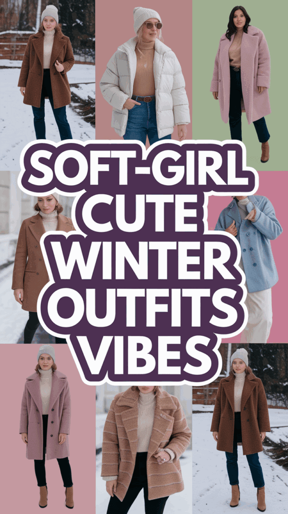 Collage of women wearing various winter coats in soft colors, with the text "Soft-Girl Cute Winter Outfits Vibes" prominently displayed in the center.