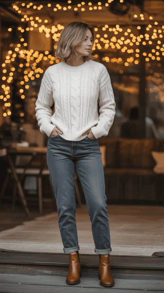 A woman in a cozy knit sweater and jeans stands on a wooden porch with bokeh fairy lights in the background.