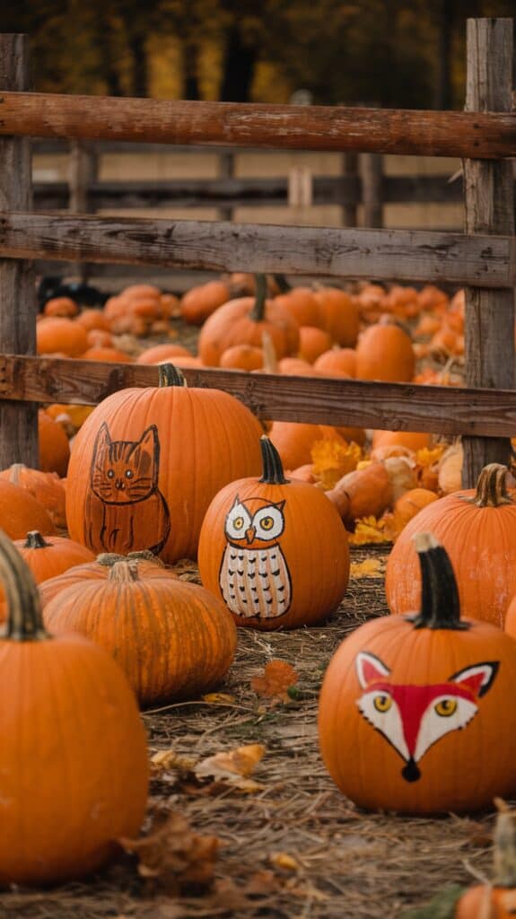 A pumpkin patch with several pumpkins, some of which are decorated with painted animal faces including a cat, an owl, and a fox, surrounded by autumn leaves and wooden fences.