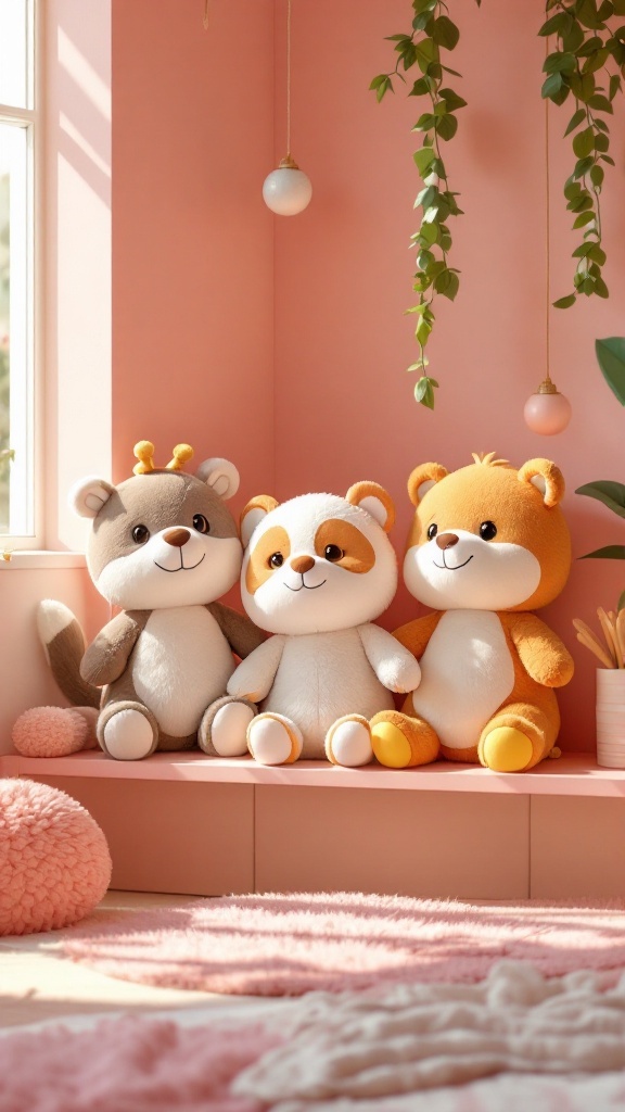 Three cute animal plushies sitting on a shelf in a cozy room