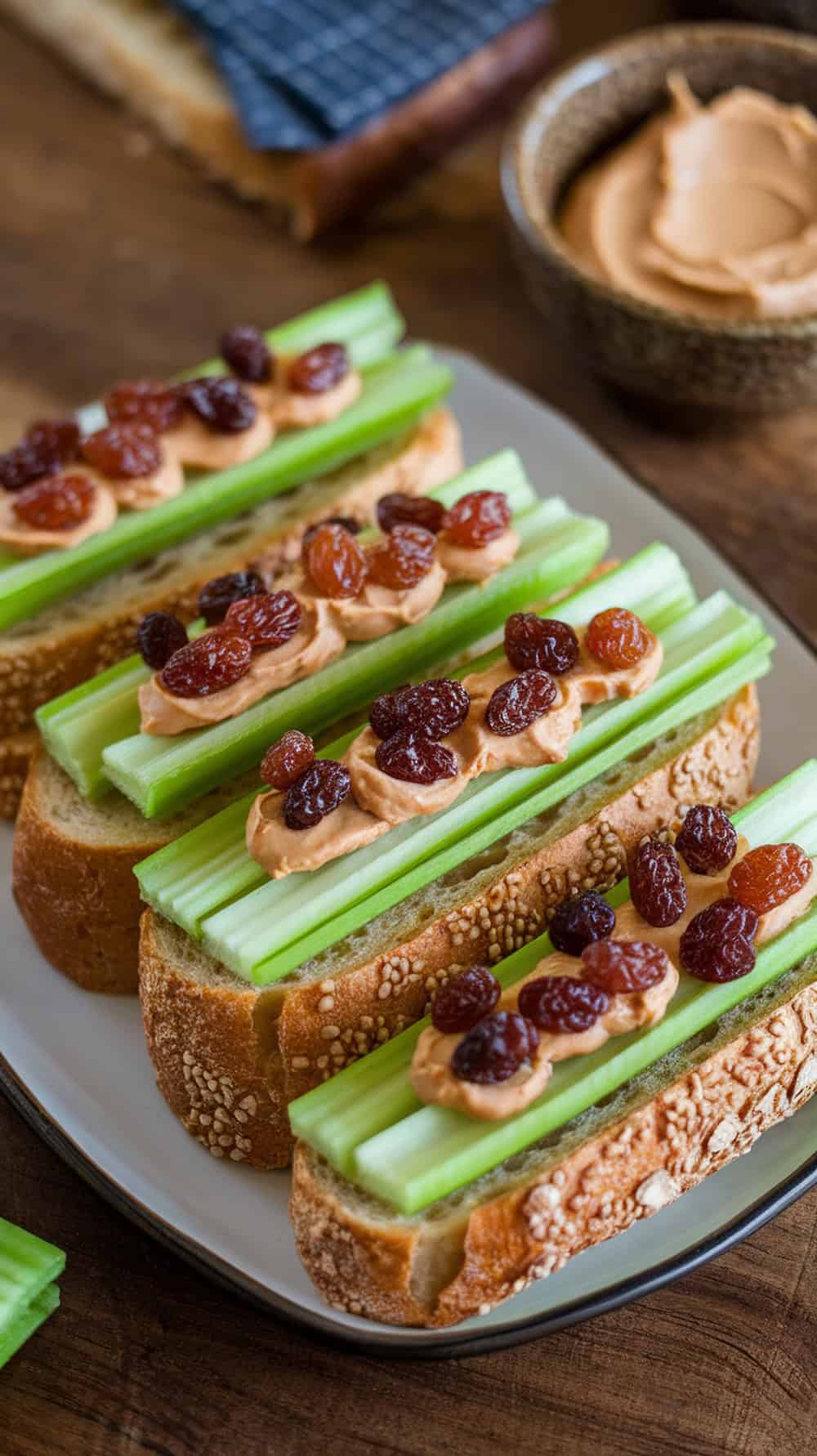 Celery sticks with peanut butter and raisins on sliced bread, served on a plate with a bowl of peanut butter in the background.
