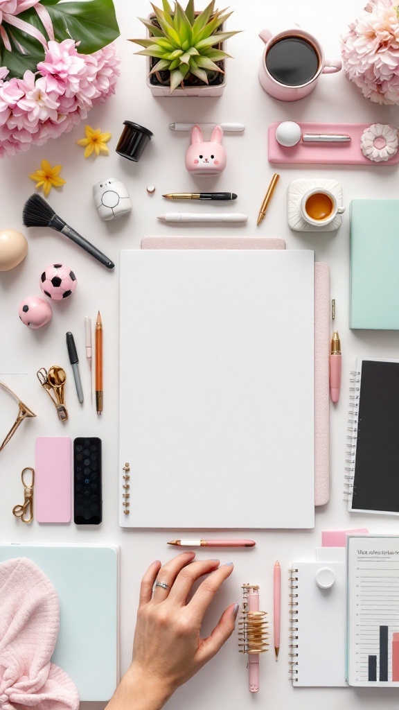 A neatly arranged desk scene featuring colorful stationery, a coffee cup, and cute decorative items.