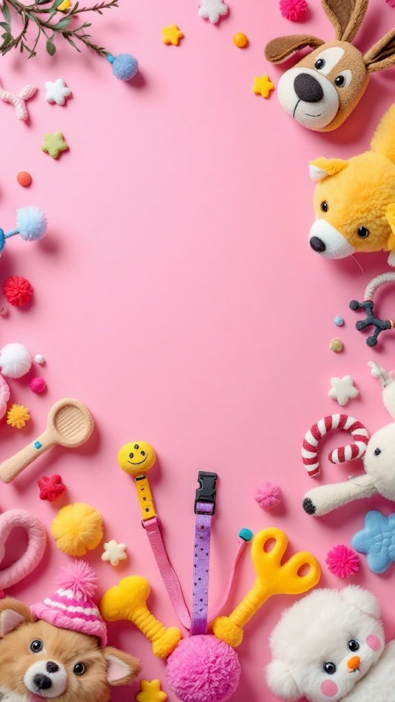Colorful pet accessories including toys and leashes on a pink background.