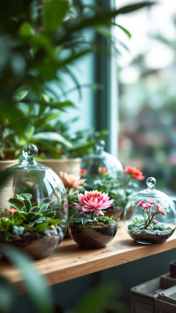 Glass terrariums with succulent plants and colorful flowers on a wooden shelf.