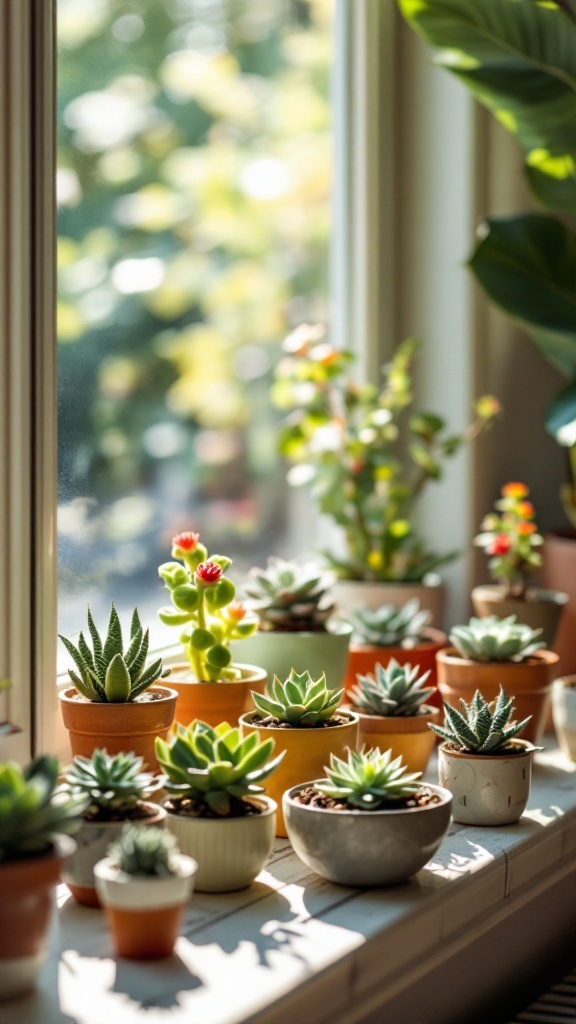 A variety of cute potted succulents on a windowsill.