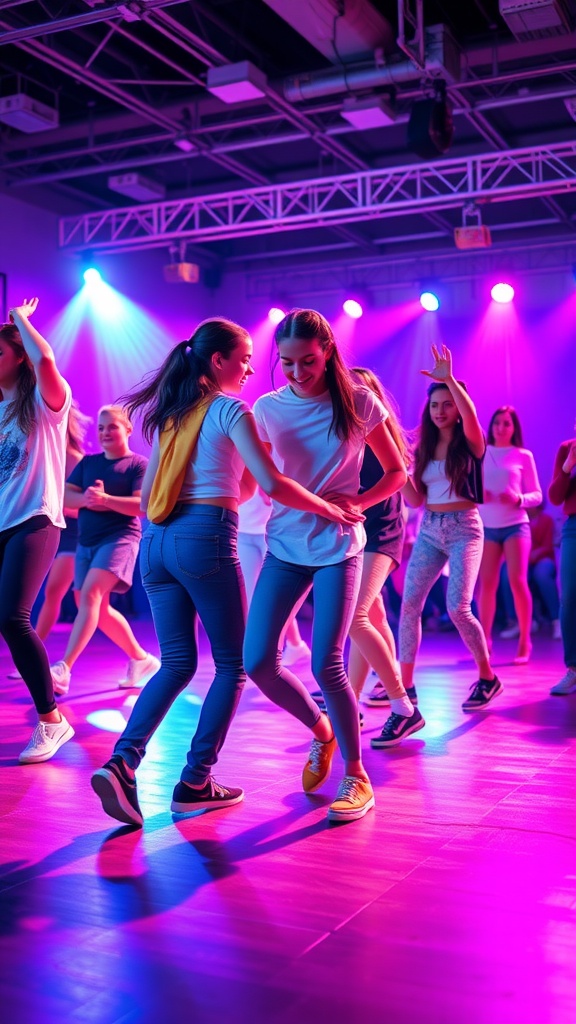 Teenagers participating in a lively dance-off competition at a party.
