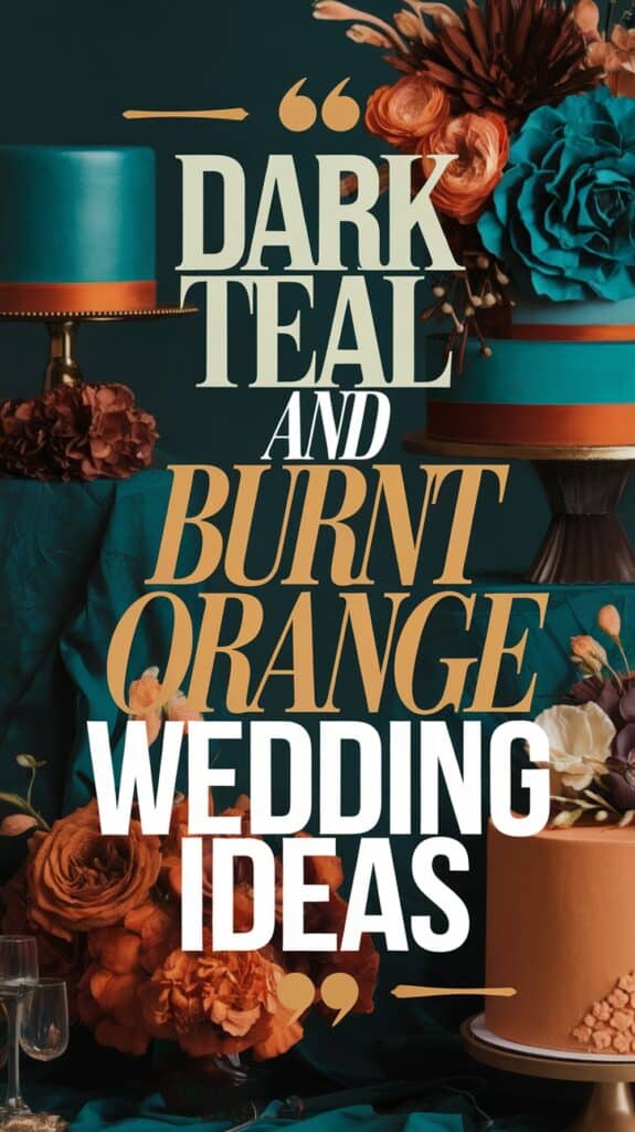 A promotional graphic with the text "Dark Teal and Burnt Orange Wedding Ideas" overlaid on an image of a wedding setup featuring teal and orange elements, including cakes on stands and flower arrangements.