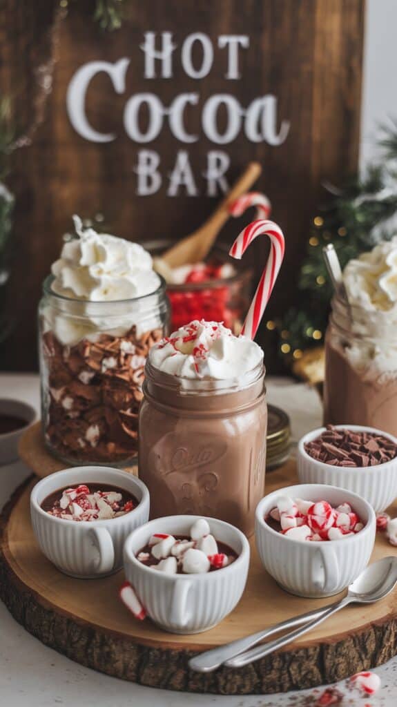 A hot cocoa bar setup featuring a mug of hot chocolate topped with whipped cream and a candy cane, surrounded by jars of whipped cream and chocolate shavings, as well as cups of candies and marshmallows on a wooden platter.