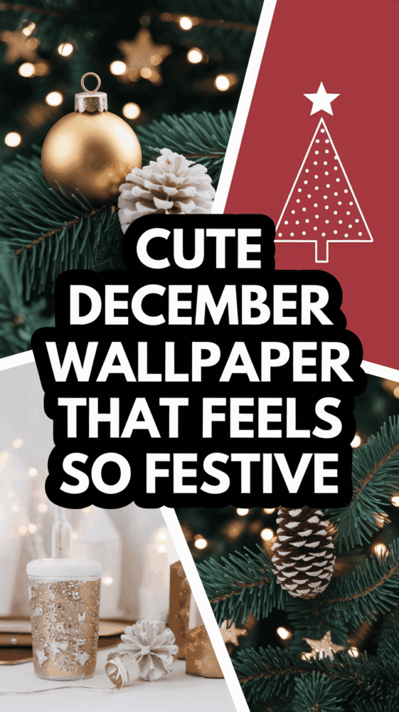 Festive December wallpaper featuring a gold ornament and pinecone on a Christmas tree, golden sparkly drink tumbler, and decorative red section with a stylized Christmas tree, accompanied by the text 'Cute December Wallpaper That Feels So Festive.'