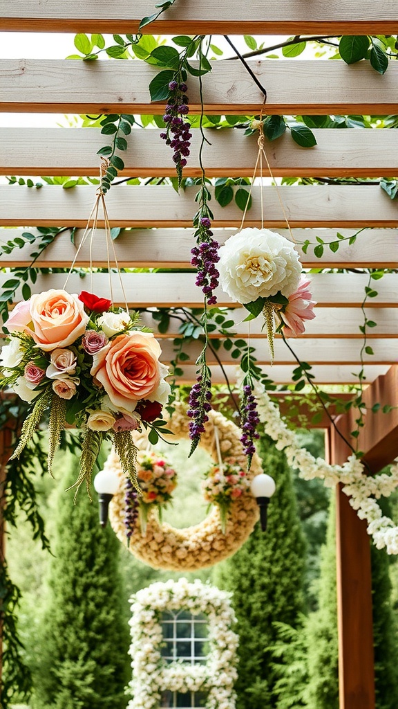 A pergola decorated with hanging flower arrangements featuring roses and peonies, surrounded by greenery. In the background, a floral arch and a window with flower garlands are visible, set against a backdrop of tall green trees.