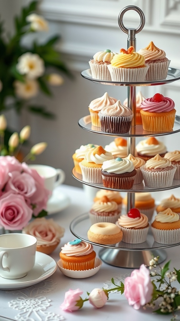 A three-tiered stand displaying assorted cupcakes topped with colorful frosting, placed on a table set for tea with pink roses and a teacup, creating an elegant afternoon tea setting.