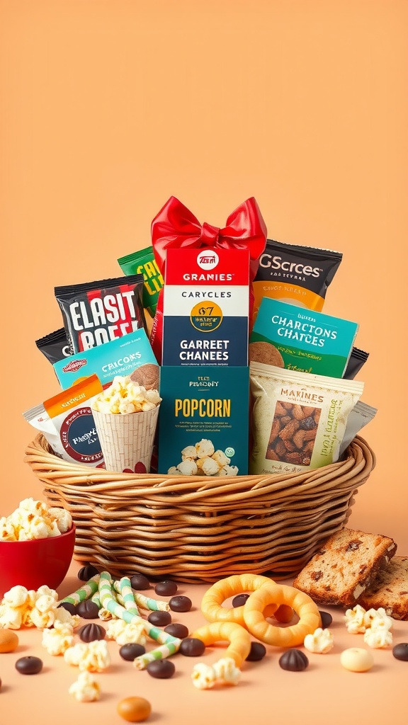 A beautifully arranged snack basket filled with popcorn, cookies, chocolate snacks, and other treats.