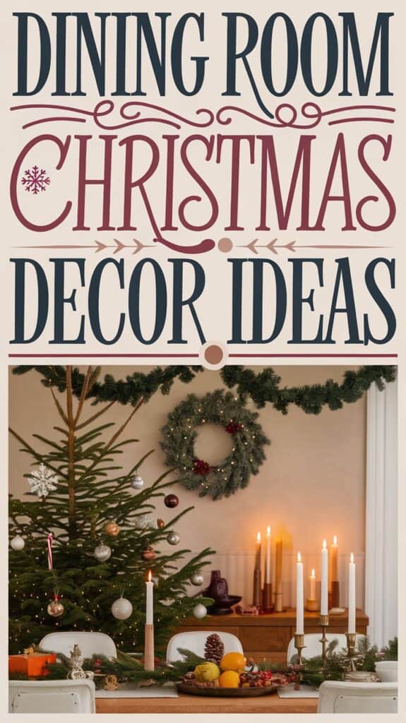 Christmas-themed dining room with a decorated tree, wreath, candles, and festive table setting.