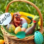 A wicker basket on grass filled with colorful Easter eggs and small dinosaur toys, labeled with a tag that says "Easter."