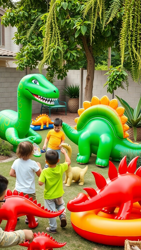 Children playing with large inflatable dinosaur toys in a backyard with trees and greenery.