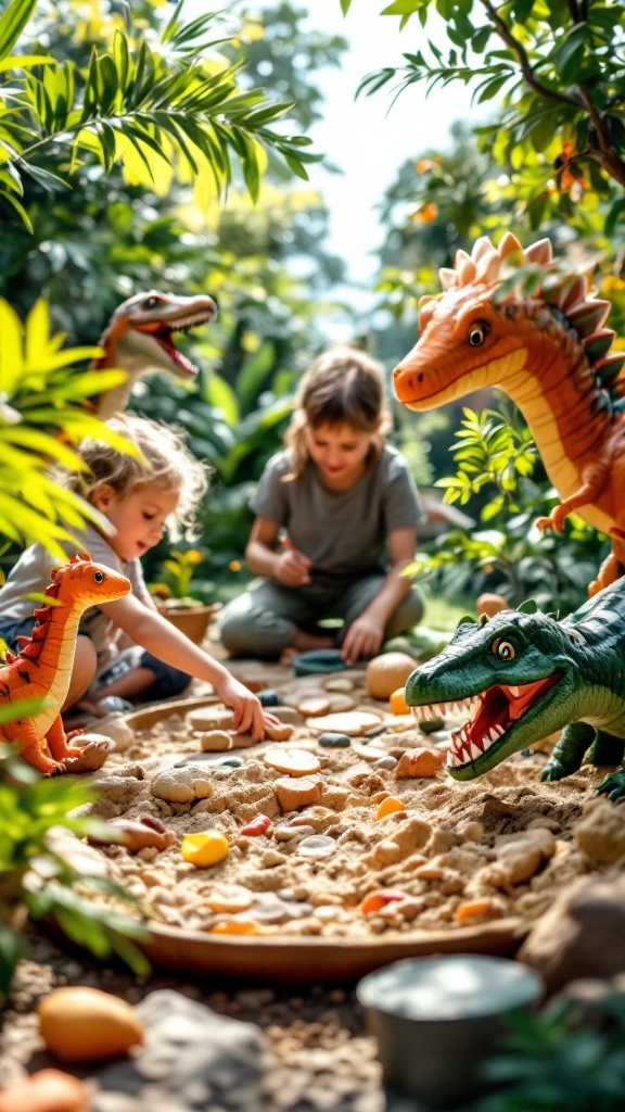 Children playing in a dinosaur-themed sandbox with toy dinosaurs and rocks.