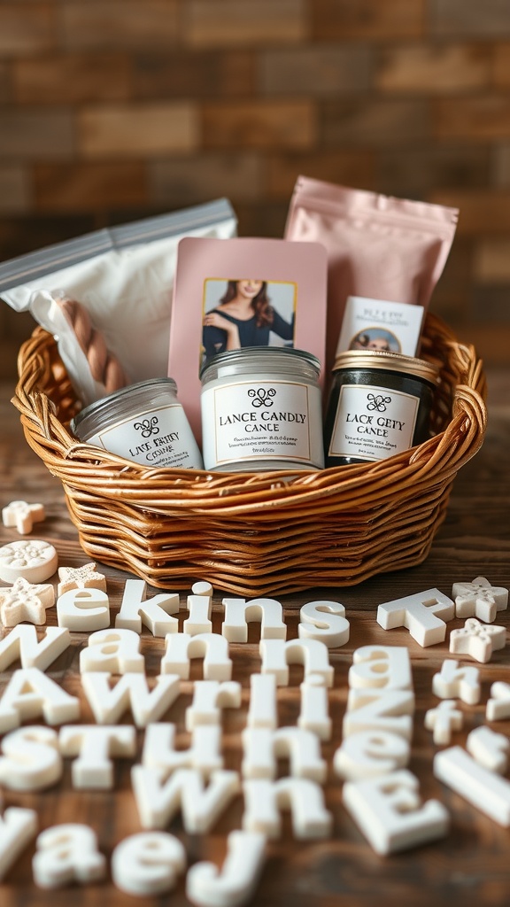 A gift basket containing a DIY candle making kit with candle jars, scents, and decorative items.