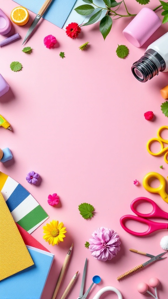 An arrangement of colorful craft supplies including scissors, paper, flowers, and other DIY tools.