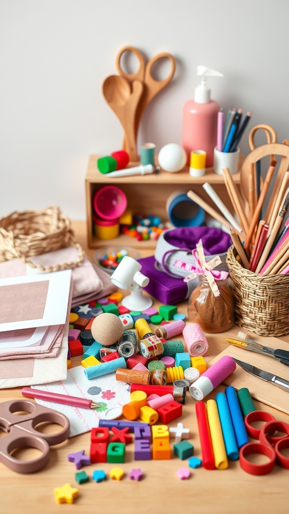 A variety of colorful craft supplies including scissors, glue, yarn, and beads arranged on a table.