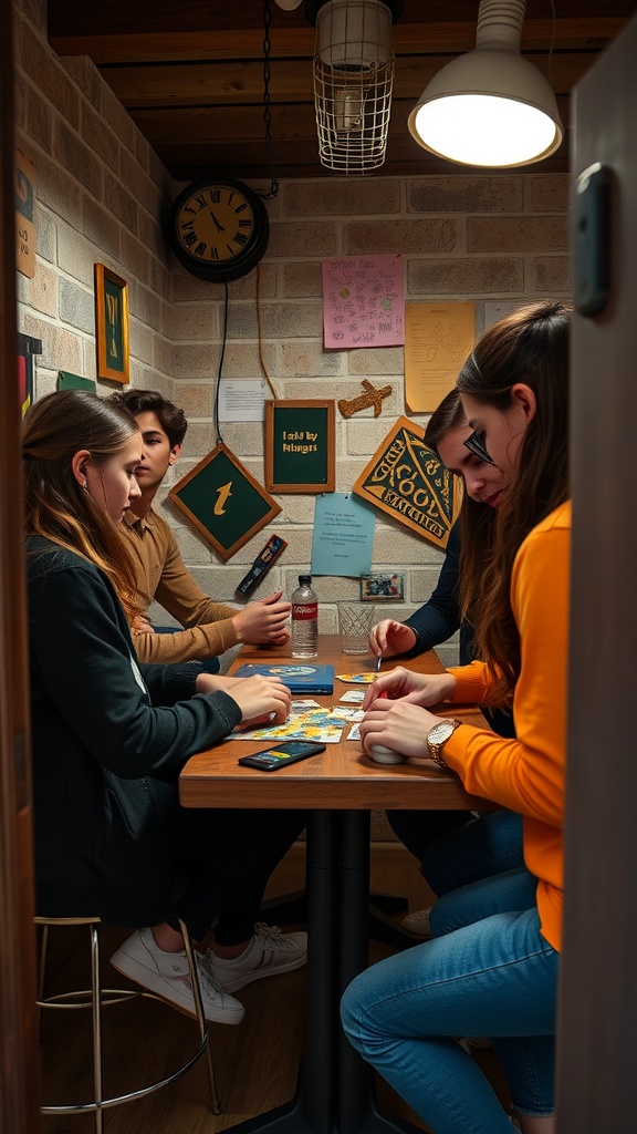 A group of teenagers engaged in a DIY escape room challenge, working together to solve puzzles.