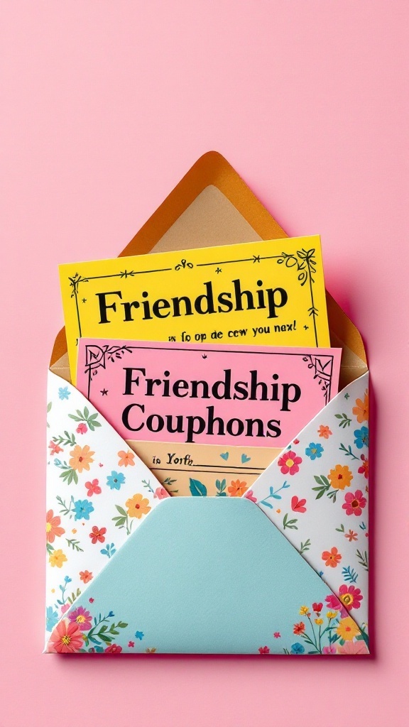 An envelope containing colorful friendship coupons with floral design.