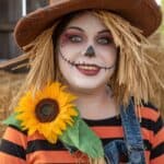 Person dressed as a scarecrow with face paint, wearing a brown hat, orange and black striped shirt, denim overalls, and a sunflower decoration.