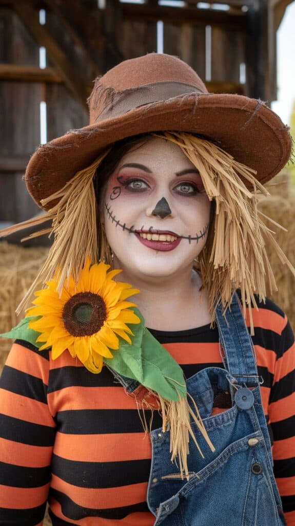 Person dressed as a scarecrow with face paint, wearing a brown hat, orange and black striped shirt, denim overalls, and a sunflower decoration.
