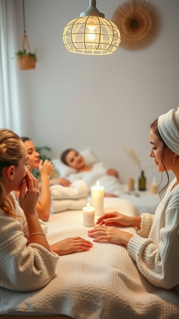 Teen girls enjoying a DIY spa day retreat with candles and cozy robes.