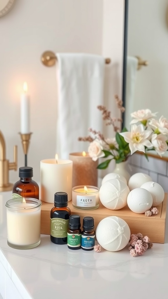 Spa setup with candles, essential oils, bath bombs, and flowers on a bathroom counter.